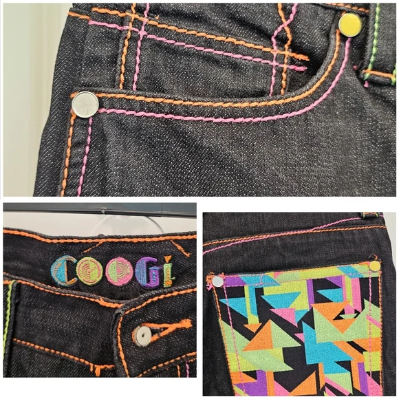 COOGI Black Jeans with Multicolor Geometric Design, EUC, Size W 34, L 34